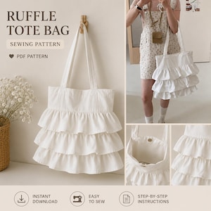 May include: A white tote bag featuring three horizontal tiers of ruffles and two shoulder straps. The text RUFFLE TOTE BAG SEWING PATTERN PDF PATTERN is visible. The bag is shown hanging, being carried, and with an open interior view.