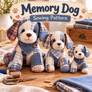 Naaipatroon voor een herinneringshond (PDF), patroon voor een aandenkenhond, patchwork pluche, 3 maten, patchworkhond, patroon voor een herinneringspluche, naaien met reststof