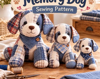 Molde em PDF para Cachorro de Pelúcia Relembrado, Molde para Cachorro de Lembrança, Pelúcia Patchwork, 3 Tamanhos, Cachorro Patchwork, Molde para Pelúcia Relembrado, Costura com Retalhos de Tecido
