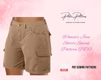 Damen Jeans Shorts Schnittmuster PDF | Cargo-Shorts mit 6 Taschen | Knielange Shorts mit elastischer Taille | DIY Sommer Schnittmuster