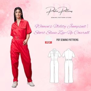 Women’s Utility Jumpsuit | Short Sleeve Zip-Up Coverall | Zip-Up Boiler Suit | Flared Leg | PDF Download | Beginner to Intermediate