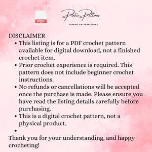 May include: A digital PDF crochet pattern listing with the text "Pinkie Patterns Sewing Pattern Store." The image includes a PDF icon and a disclaimer about the digital download, requiring prior crochet experience, and no refunds.