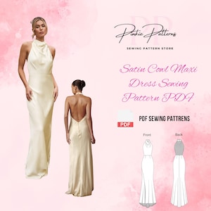 Satin Maxi Kleid Schnittmuster PDF | Ärmelloses Kleid mit Wasserfallausschnitt | Satin Low V-Back Kleid Muster | Brautjungfer Abendkleid