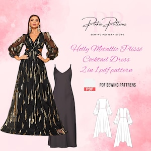 Harper Plissé Dress Sewing Pattern – Digital PDF Download | Elegant Asymmetrical Gown with Bishop Sleeves | Cottagecore Formalwear Pattern