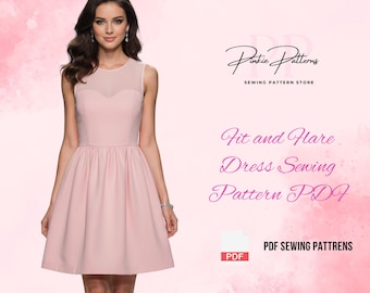 Fit and Flare Kleid Schnittmuster PDF | Illusion Ausschnitt Cocktailkleid | Ärmelloses Partykleid-Muster | Digitaler A4 Näh-Download