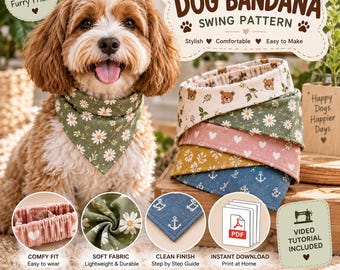 Patrón de costura en PDF para pañuelo tipo coletero para perro / 11 tallas XS-XXL / Tutorial para pañuelo elástico para mascotas / Pañuelo tipo collar para perro / Accesorio reversible para mascotas