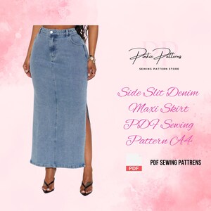 May include: Light blue denim maxi skirt with a side slit. The skirt has a button and pocket detail. The image also includes the text "Side Slit Denim Maxi Skirt PDF Sewing Pattern A4" and "PDF Sewing Patterns".