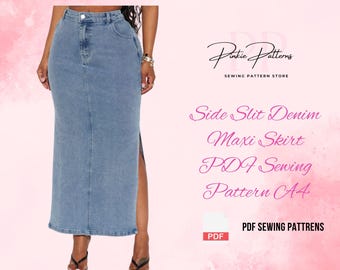 Seitenschlitz Denim Maxi Rock PDF Schnittmuster | Langer Rock in A-Linie | Hoch tailliertes Rockmuster | Anfängerfreundlicher digitaler Download