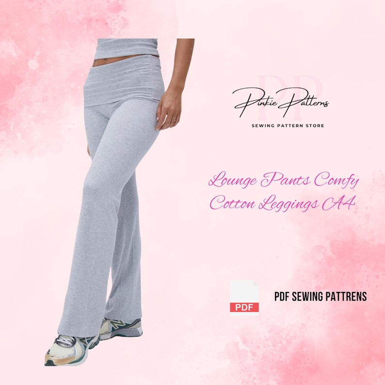 Light gray lounge pants and a matching top are shown in this image. The pants are flared at the bottom and have a high waist. The text on the image says "Lounge Pants Comfy Cotton Leggings A4" and "PDF Sewing Patterns".