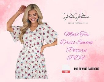 Vintage Maxi Tea Dress Sewing Pattern PDF | A4 Digital Download | Flutter Sleeve Dress Pattern Two Lengths Day to Evening DIY