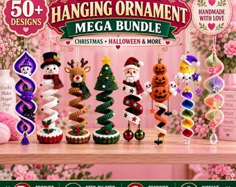 Paquete de más de 50 patrones de espirales de ganchillo para Halloween y Navidad en formato PDF / Manualidades de decoración navideña de amigurumi colgantes / Adornos navideños de molinillos de viento en formato PDF