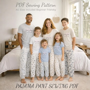 May include: A family of six wearing matching pajama sets. The pajamas feature various patterns, including stars, geometric shapes, and polka dots. The image includes the text "PDF Sewing Pattern" and "PAJAMA PANT SEWING PDF".
