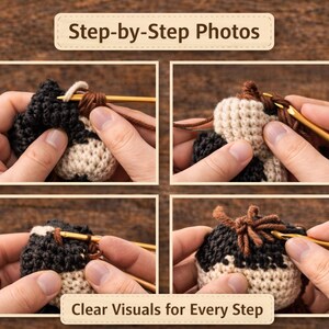 Step-by-step photos of a crochet project. The image shows four panels with close-up views of the crochet process. The text "Step-by-Step Photos" and "Clear Visuals for Every Step" are displayed.