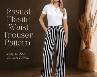 Patrón de pantalón casual con cintura elástica, pantalones con canesú y lazos, patrón de pantalón acampanado para mujer, pantalones con cordón ajustable, patrón de costura de pantalones de cintura baja tipo pull-up en PDF