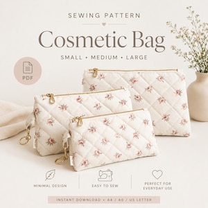 May include: A sewing pattern for cosmetic bags in three sizes: small, medium, and large. The bags are white with a floral pattern and gold zippers. The text on the image says "Cosmetic Bag" and "Sewing Pattern".