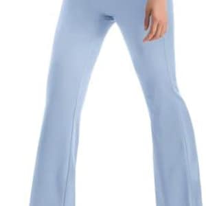 Light blue yoga pants with a high waistband and flared legs. The pants are made of a soft, stretchy material and are designed for comfort and flexibility during workouts or everyday wear.