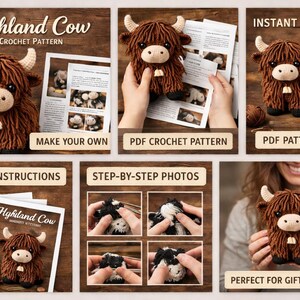 A collection of images showcasing a crochet Highland Cow pattern. The images include a finished plushie, instructions, and step-by-step photos. The text "Highland Cow Crochet Pattern" and "Instant Download" are visible.