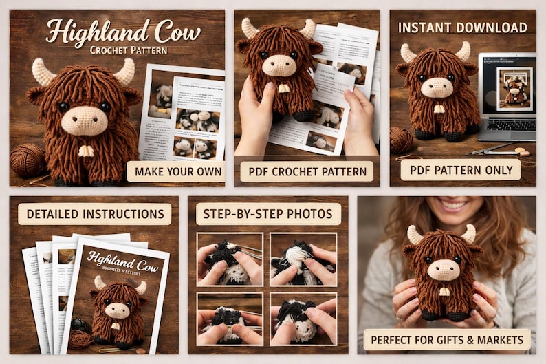 A collection of images showcasing a crochet Highland Cow pattern. The images include a finished plushie, instructions, and step-by-step photos. The text "Highland Cow Crochet Pattern" and "Instant Download" are visible.