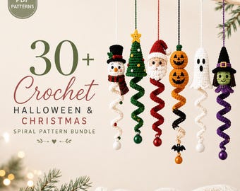 Paquete de más de 30 patrones de espirales de ganchillo para Halloween y Navidad, decoración navideña colgante de amigurumi, adornos navideños de molinillos de viento, espirales de Halloween.