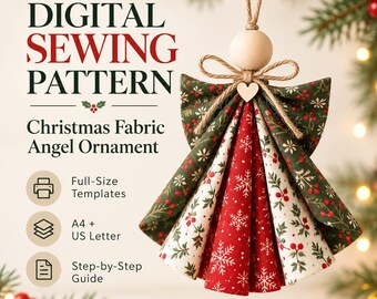 Patrón de costura en PDF para adorno de ángel de tela, patrón de ángel navideño, decoración navideña DIY, adorno navideño estilo granja, decoración navideña rústica