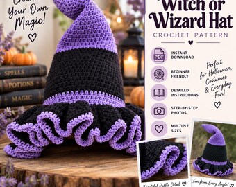 Patrón de gorro de bruja a crochet, patrón de gorro de mago a crochet en PDF, gorro de Halloween a crochet, patrón de gorro de bruja, gorro de disfraz de mago, gorro para cosplay a crochet
