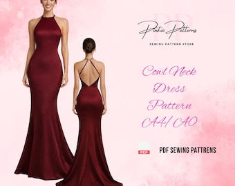 Neckholder Kleid Schnittmuster PDF, Maxi Abendkleid Schnittmuster, Rückenfreies Satin Abendkleid, Brautkleid mit offenem Rücken, Brautjungfer Kleid
