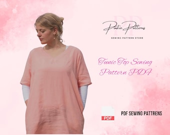 Tunika Top PDF, Plus Size Tunika, Lockere Passform Kurzarm-Shirt Schnittmuster, Hana Top, Leinen und Baumwoll Bluse Schnittmuster, A4