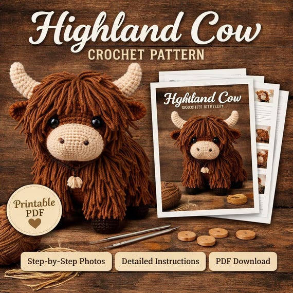 Highland Cow Crochet Pattern PDF, Amigurumi Cow Plush Toy, Stuffed Animal Crochet Pattern, Cow Snuggler Crochet, Amigurumi Farm Animal Plush