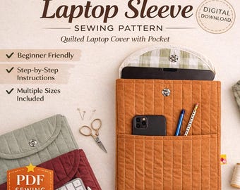 Gesteppte Laptop Tasche Schnittmuster PDF | Laptoptasche mit Reißverschluss | Einfache Laptoptasche Muster | Laptoptasche Muster | 13 14 16 Zoll