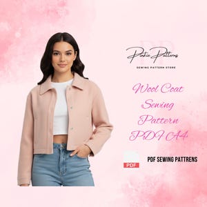 May include: A pale pink wool coat with a button-up front and a collar. The image includes text: "Pinkie Patterns Sewing Pattern Store", "Wool Coat Sewing Pattern PDF A4", and "PDF Sewing Patterns".
