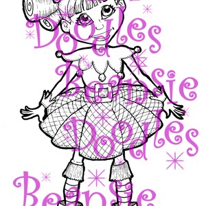May include: A black and white line drawing of a girl with a jester's hat and a skirt. She has large eyes and her hair is styled in two buns. The girl is wearing a belt and shoes with bells. The image is surrounded by a pink and white pattern with the text "Beansie Doodles".