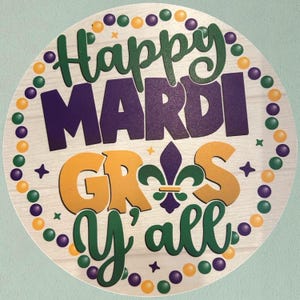 ニューオーリンズの紫、緑、金のビーズデザインサイン「Happy Mardi Gras Y'all」ルイジアナのマルディグラ装飾パーティー壁掛け夏のお祭り