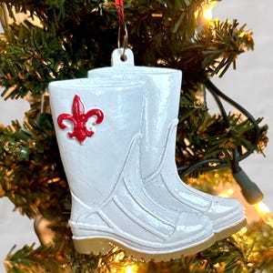 Red Fleur de Lis Boots Ornament, New Orleans Swamp Cajun Boot, Mardi Gras Party and Christmas Tree Decor