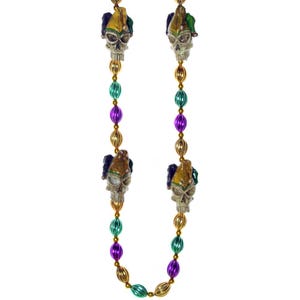 Skull Jester Mardi Gras Bead, Antique Skeleton, Purple Green and Gold Oval Design, Day of the Dead Halloween, New Orleans Holiday Decor