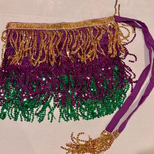 May include: A purple, green, and gold sequined belly dance hip scarf. The scarf has layers of fringe and a purple tie. The top edge is trimmed with gold sequins. The bottom layers are green and purple sequins.
