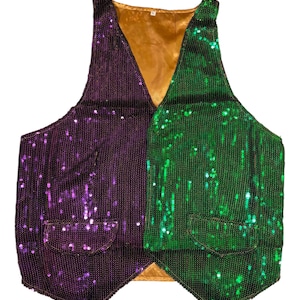 May include: A sequined vest with a purple left side and a green right side. The vest has two pockets and a gold-colored lining. This festive garment is suitable for parties and celebrations.
