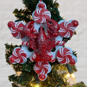 Red and White Candy Cane Snowflake Crawfish Lobster Christmas Ornament New Orleans Tree Decor Southern Decorations