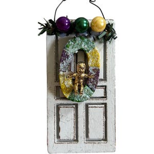 Hand Made New Orleans Mardi Gras Door, Christmas Ornament, King Cake Baby Purple Green and Gold Decoration