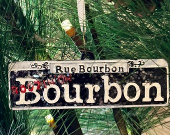 Bourbon Street Antique Sign Ornament, New Orleans French Quarter Souvenir, Mardi Gras Christmas Tree Ornament Decor