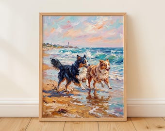 Two Collies on Beach Art Print, Coastal Double Dog Portrait from an Original Impasto Oil Painting, Collie Lover Wall Art, ART548
