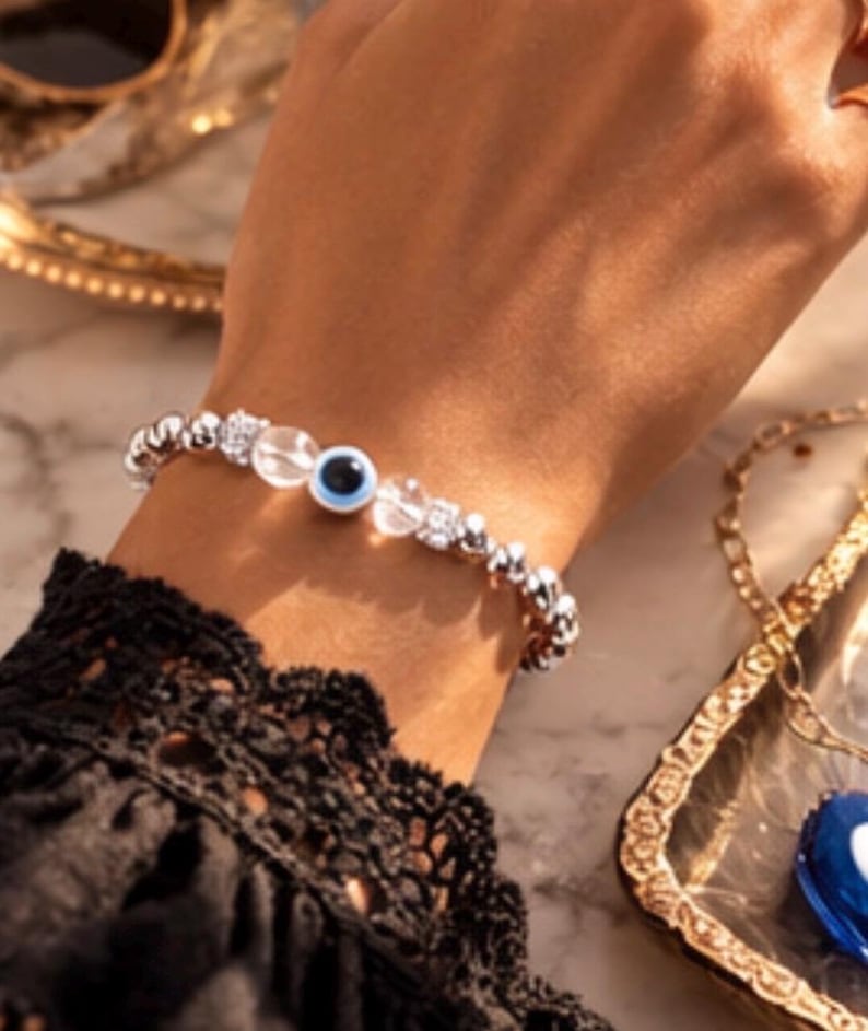 Silver Evil Eye Bracelet With Clear Crystal Accents Protective Beaded — free download