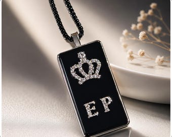 EP Crown Pendant Necklace – Black 20” Chain | Handmade Elvis Inspired Tribute Jewelry | Elvis Fan Gifts