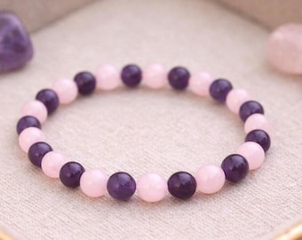 Rose Quartz and Amethyst Bracelet – Love & Healing Crystal Bracelet – Calming Energy Jewelry Gift Her