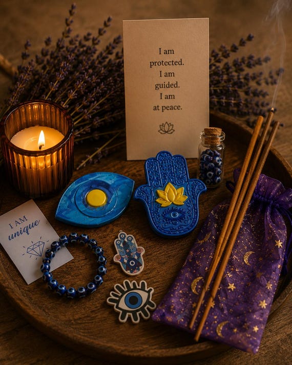 Evil Eye protection set, Evil eye Bracelet, evil eye wax melt, Good Luck Manifestation Kit positive vibes and harmony