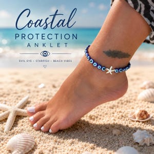 Coastal Evil Eye Stretch Anklet | Blue & White Beaded protection Anklet with White Starfish | Handmade Beach Jewelry | Summer Gift for Her