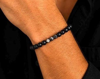 Onyx beaded Bracelet with hematite for Grounding, Protection, Emotional Balance Jewelry