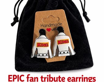 Elvis Inspired Jumpsuit Earrings – KING – Rock & Roll Fan Jewelry – Elvis Lover Gift – EPIC Tribute-Elvis Presley. Icon.Classic.