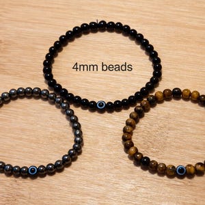 Black Genuine Onyx Evil Eye Bracelet: 4mm Minimalist Unisex Protection - Hematite, Tiger’s Eye Options - Gift for Grounding and Protection