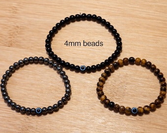 Black Genuine Onyx Evil Eye Bracelet: 4mm Minimalist Unisex Protection - Hematite, Tiger’s Eye Options - Gift for Grounding and Protection