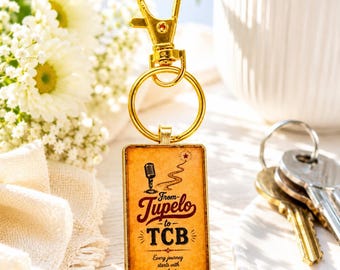 From Tupelo to TCB Keychain | Music Lover Gift | Gold Purse Charm | Vintage Inspired Key Ring | Elvis Fan Gift